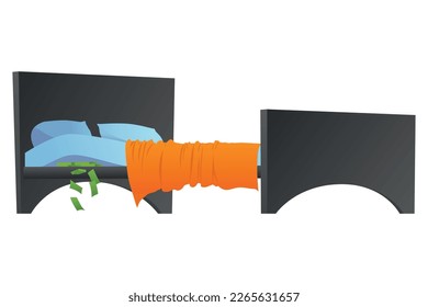 Keep money under bed mattress. Poor financial literacy, cash saving, cartoon vector illustration isolated on white. Dollar stash in bad place, person get cash