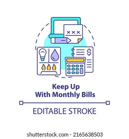 Keep up with monthly bills concept icon. Regular payments. Road trip tip abstract idea thin line illustration. Isolated outline drawing. Editable stroke. Arial, Myriad Pro-Bold fonts used