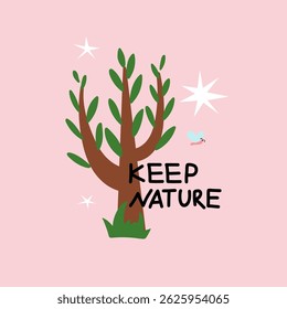 Keep nature. Plant trees, forest Earth environmental care. Poster or sticker. Stop pollution. Eco friendly, ecology elements. Vector cartoon flat style isolated illustration