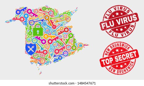 Keep New Brunswick Province map and seal stamps. Red rounded Top Secret and Flu Virus scratched seal stamps. Colorful New Brunswick Province map mosaic of different keeper elements.