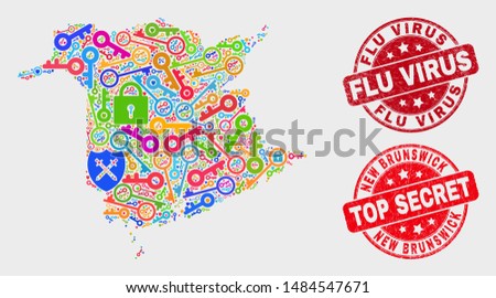 Keep New Brunswick Province map and seal stamps. Red rounded Top Secret and Flu Virus scratched seal stamps. Colorful New Brunswick Province map mosaic of different keeper elements.