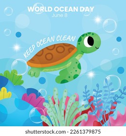 Keep the Ocean Clean. world ocean day. cute turtle