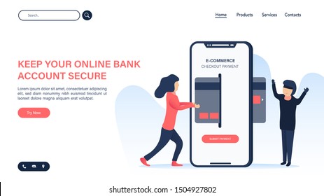 Keep online bank account secure template design. Security bank account page design. Website Landing Page, Web Page for business, Secure Finance page template design.