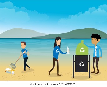 Keep Our Beaches and Coastlines Debris Free Doing Coastal Clean Up  vector illustration