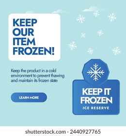Mantén tu artículo congelado. Etiqueta congelada, etiqueta engomada, sello, emblema con el icono del copo de nieve. Etiqueta, sello, etiqueta engomada para productos congelados. Mantenga los productos en el refrigerador de hielo. 