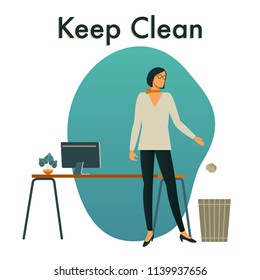 Keep Our Workplace Clean. Illustration of businesswoman putting trash in its place.