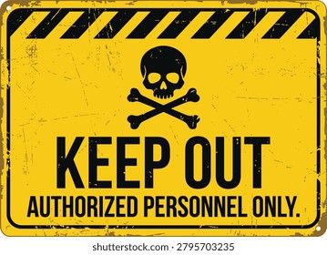 Keep out authorized personnel only sign. Restricted access related warning signs: security protection, workplace compliance, hazardous area control, industrial safety, private zone management and access restriction communication. Editable vector template. Vector illustration.