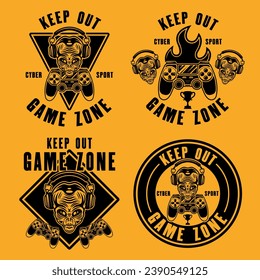 Keep out game zone set of vector emblems, signs or stickers with alien head in headphones and gamepad in black style on yellow background. Hand drawn. Not AI generated