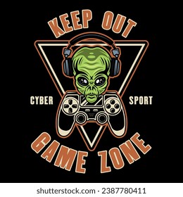 Keep out game zone vector sign with alien head in headphones and two gamepads in colored style on dark background. Hand drawn. Not AI generated