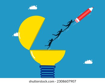Siga el ritmo de las innovaciones y aprenda cosas nuevas. Equipo de negocios volando con lápices en la pila de libros en bombilla