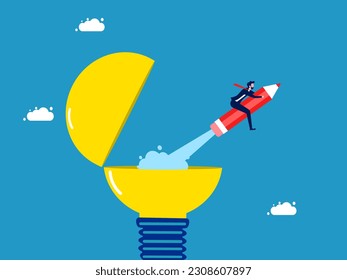 Keep pace with new innovations and learning new things. Businessman flies with a pencil on a stack of books in a light bulb
