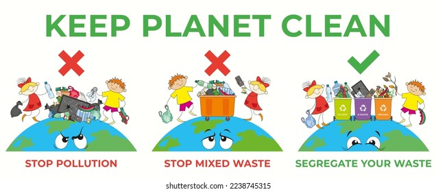 Póster mantener limpio el planeta, los niños muestran ejemplos de separación correcta e incorrecta de la basura en un fondo claro con la tierra