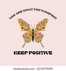 keep positive butterfly hand drawn design retro 70's