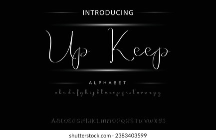 Up Keep Premium luxury elegant alphabet letters and numbers. Elegant Tech typography classic serif font decorative vintage retro. Creative vector illustration