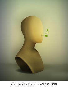  keep quiet no words concept, realistic vintage mannequin  with plant pierce from the inside,  life inside, what`s inside, vector