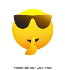 Keep Quiet! - Shushing Emoji with Sunglasses Gesturing - Asking for Be Quiet,Showing Make Silence Sign - Simple Emoticon for Instant Messaging Isolated on White Background - Vector Design Illustration