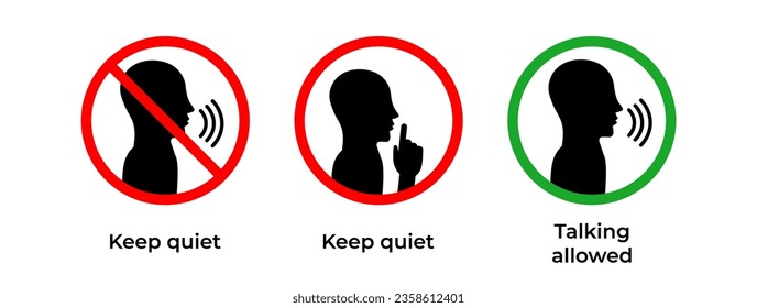 Keep Quiet, Keep Silent please sign, and Talking Allowed . Crossed person talking, Shhh icon in circle. Printable stickers. Vector. Isolated on white background.