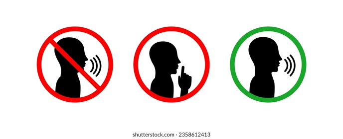 Keep Quiet, Keep Silent please sign, and Talking Allowed . Crossed person talking, Shhh icon in circle. Printable stickers. Vector. Isolated on white background.