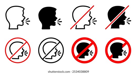 Keep quiet silent symbol set. No speaking sign. no talking warning icon. Quiet zone label. Prohibition sticker for area places.