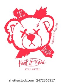 keep it real slogan with cartoon bear doll head out line vector illustration