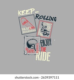 Keep Rolling Skate Board Badges vector graphic design