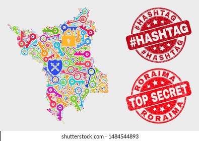 Keep Roraima State map and stamps. Red round Top Secret and #Hashtag distress stamps. Colorful Roraima State map mosaic of different security items. Vector collage for keeping purposes.