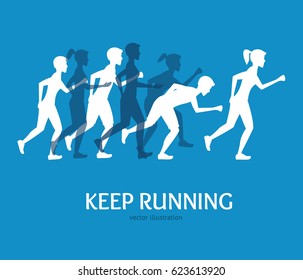 Keep Running Card Runner People Silhouette on a Blue Background Invitation to Training, Marathon. Vector illustration
