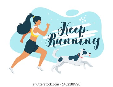 Keep running flat vector illustration. Running black-haired woman with dog cartoon characters. Caucasian girl jogging with animal, doing sport. Outdoor activity isolated design element