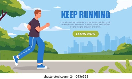 Keep running poster. Landing webpage design. Man run at pedestrian rosswalk. Active lifestyle and sport outdoors. Cardio training and workout, fitness. Cartoon flat vector illustration