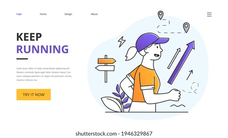 Keep Running with a sporty young woman jogging outdoors in nature in a health and fitness concept, website landing page or template design outlined flat cartoon vector illustration with copyspace