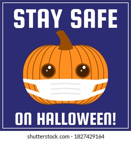 Keep safe card with a cute jack'o lantern kawaii style wearing a face mask