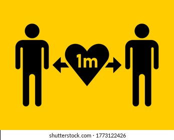 Keep A Safe Distance Of 1m Or 1 Metre Social Distancing Icon With Heart Symbol. Vector Image.