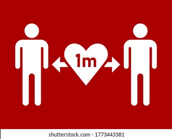 Keep a Safe Distance of 1m or 1 Metre Social Distancing Icon with Heart Symbol. Vector Image.