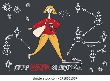 Keep a safe distance between people. Information banner, board. Vector illustration, flat design, cartoon style