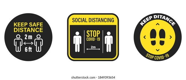 Halte die sichere Entfernung. Prävention von Koronavirus, epidemischer Schutz. Soziale Distanzierung. Set of Social Diststancing Symbol. Covid-19. Informationssymbole zur Prävention von Ausbrüchen der COVID-19. Warnhinweis für eine Pandemie