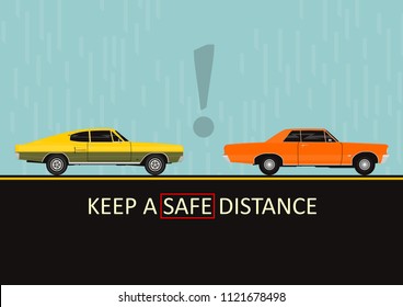 Keep a safe distance. Dangers on the road. Infographic with two cars. Flat vector.