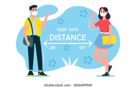 Keep safe distance. Safe greetings to avoid physical contact and to practice social distancing. Coronavirus covid-19 prevention. Social isolation and self quarantine concept. Vector illustration.