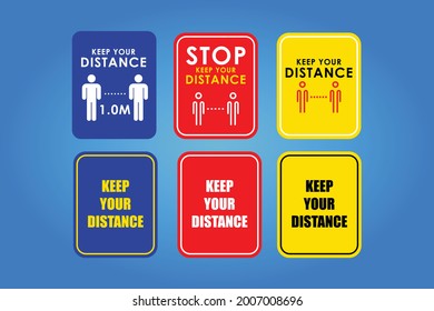 "Keep safe distance" infection spreading prevention information sign. Coronavirus pandemic healhty and safety informative icons and symbols. Covid-19, social distance, stay safe, dangerous.