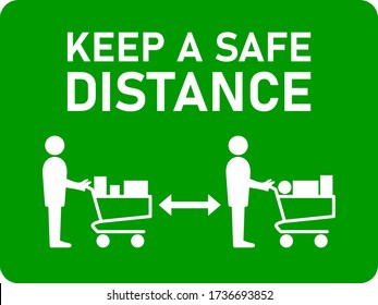 Keep a Safe Distance and Maintain Social Distancing while Shopping with Supermarket Trolleys and Waiting in Queue Line Horizontal Instruction Icon with an Aspect Ratio of 4:3. Vector Image.