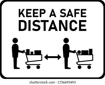 Halten Sie eine sichere Entfernung und halten Sie soziale Distanz beim Shopping mit Supermarkt-Trolleys und Warten in Warteschlange, Horizontal Instruction Icon mit einem Aspect Ratio von 4:3. Vector Image.