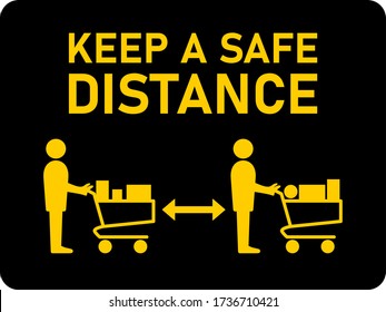 Keep a Safe Distance and Maintain Social Distancing while Shopping with Supermarket Trolleys and Waiting in Queue Line Horizontal Instruction Icon with an Aspect Ratio of 4:3. Vector Image.