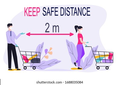 Keep safe distance. Man and woman in medecine mask, protective gloves shopping in supermarket, they take one's place in a queue with distance two meter. Concept for coronaviruses pandemic, quarantine.