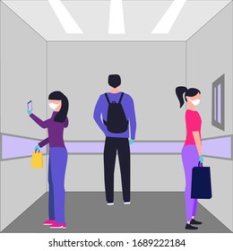 Keep safe distance. Man and women in medecine mask, protective gloves ride the elevator, they stand with their backs to each other at maximum distance. Concept for coronaviruses pandemic, quarantine