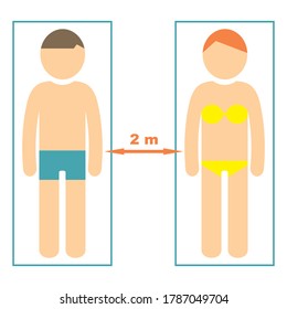 Keep safe distance on beach, color vector icon, man and woman