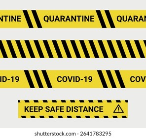 Keep safe distance quarantine tapes seamless design. Seamless covid caution barrier tape collection. Yellow tapes with black stripes and warning text for printing