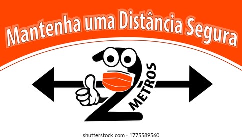 Mantener una señal de distancia segura, a dos metros de distancia social debido a la pandemia covid19, escrita en portugués, diversión número 2 personaje, ilustración vectorial