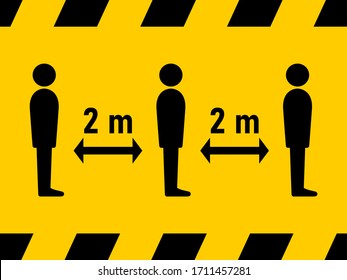 Mantener distancia segura Distancia social en el icono de instrucción de cola 2 metros contra la propagación del nuevo Coronavirus Covid-19. Imagen vectorial.