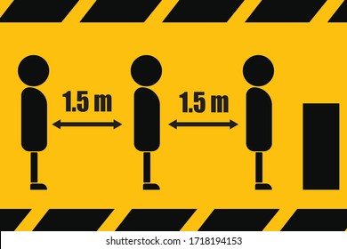 Bewahren Sie die sichere Distanz Social Distancing in Warteschlange 1,5 Meter Instruction Icon gegen die Ausbreitung des Virus. Unterschreiben Sie Symbol für Geschäft und Supermarkt.