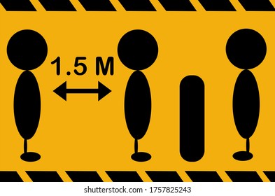 Bewahren Sie die sichere Distanz Social Distancing in Warteschlange 1,5 Meter Instruction Icon gegen die Ausbreitung des Virus. Unterschreiben Sie Symbol für Geschäft und Supermarkt.
