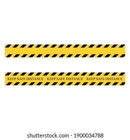 Keep safe distance stripe. Yellow and black set stripes. Barricade construction tape. Vector illustration isolated on white background